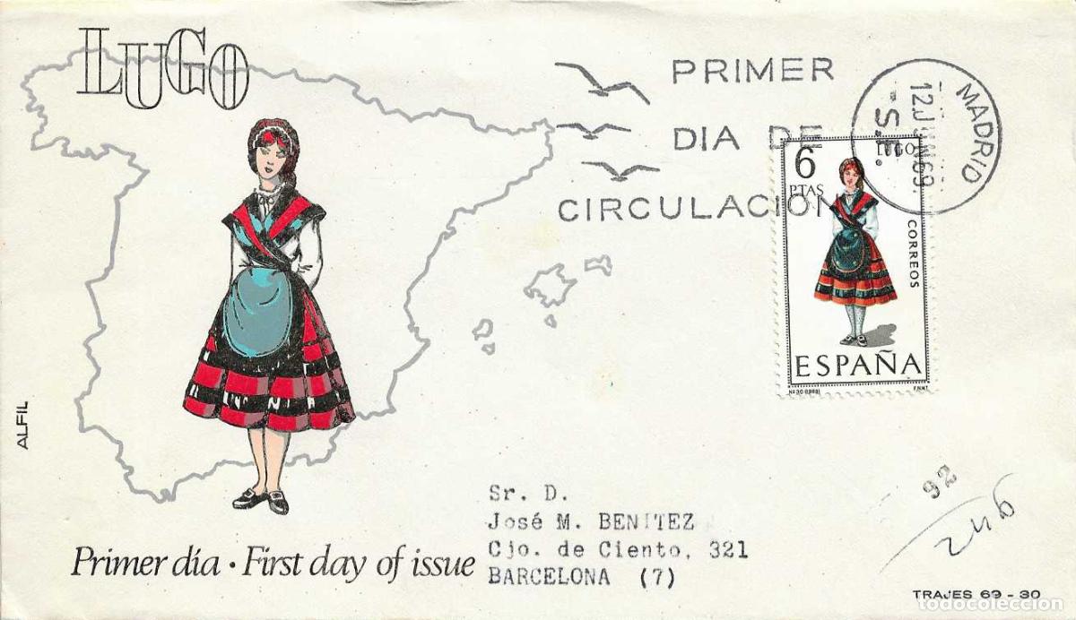 Briefmarken: TRAJE DE LUGO TRAJES TIPICOS ESPA&Ntilde;OLES 1969 (EDIFIL 1903) EN SOBRE PRIMER DIA CIRCULADO ALFIL RARO