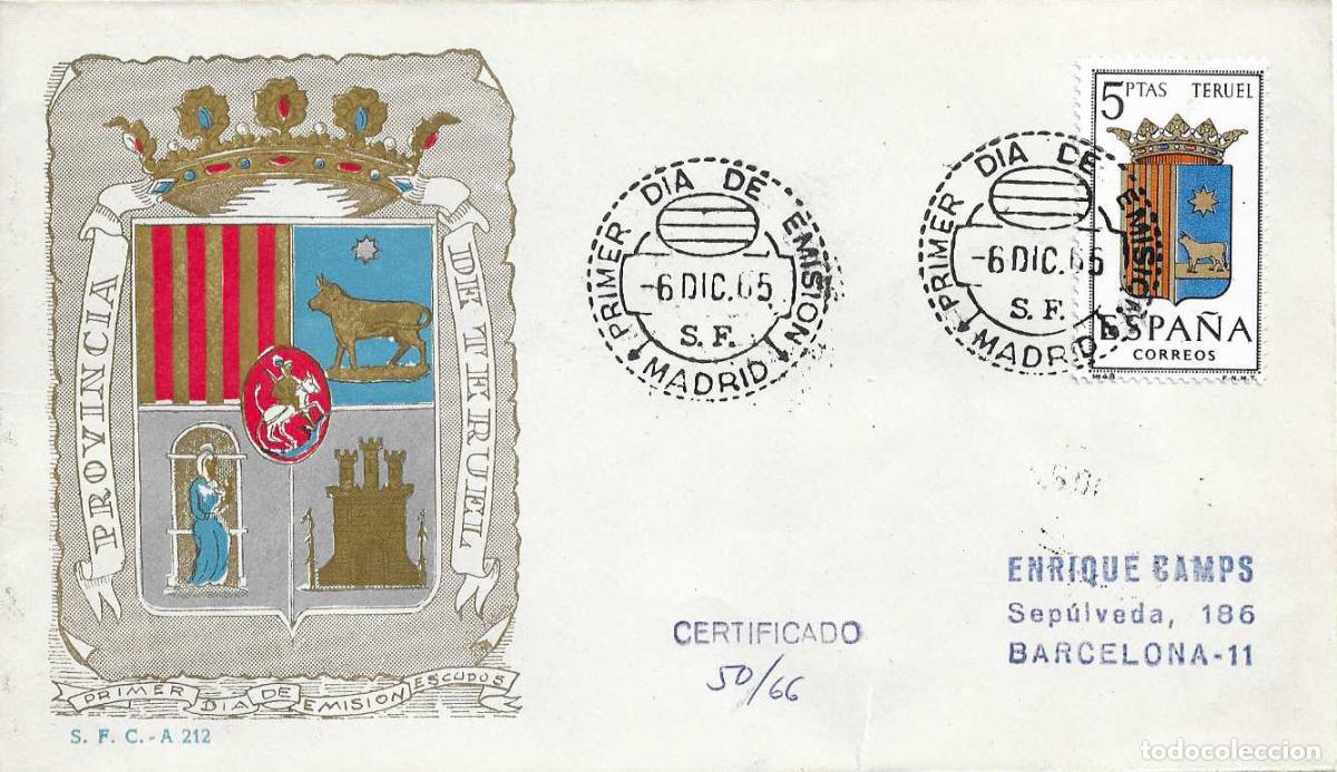 Stamps: MUY RARO ESCUDO DE TERUEL 1965 MATASELLOS MADRID (EDIFIL 1642) SPD CIRCULADO DEL SERVICIO FILATELICO