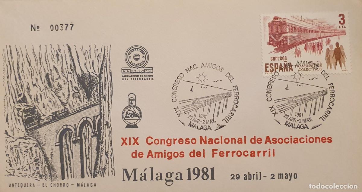 Stamps: SOBRE FILATELICO XIX CONGRESO NACIONAL AMIGOS DEL FERROCARRIL. MALAGA 1981. TRENES.