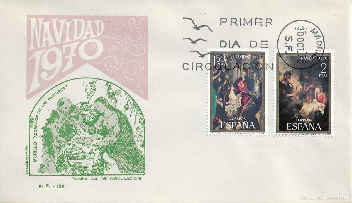 Sellos: NAVIDAD 1970 PINTURA DE EL GRECO Y MURILLO (EDIFIL 2002/03) EN SOBRE PRIMER DIA DE EG RELIGION RARO