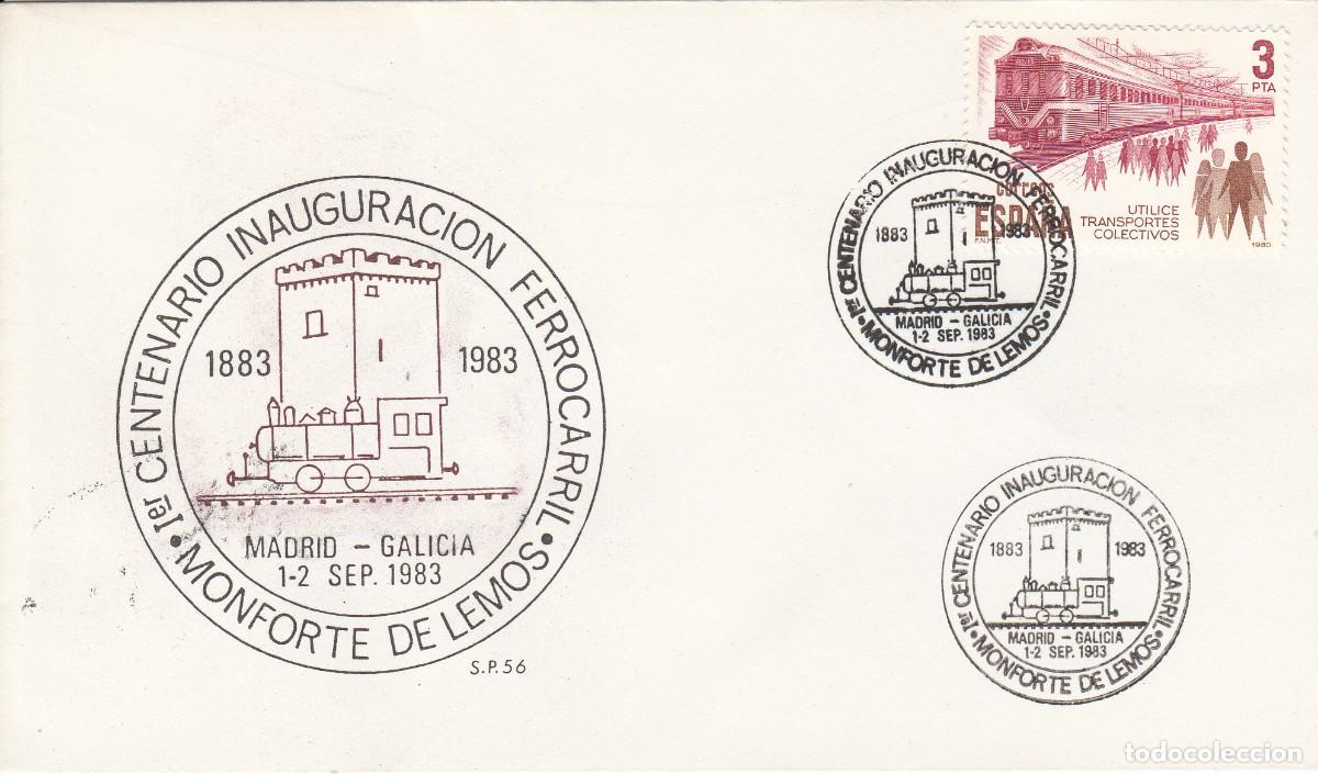 Sellos: GALICIA MATASELLOS CENTENARIO INAUGURACI&Oacute;N FERROCARRIL - MONFORTE DE LEMOS - 1983