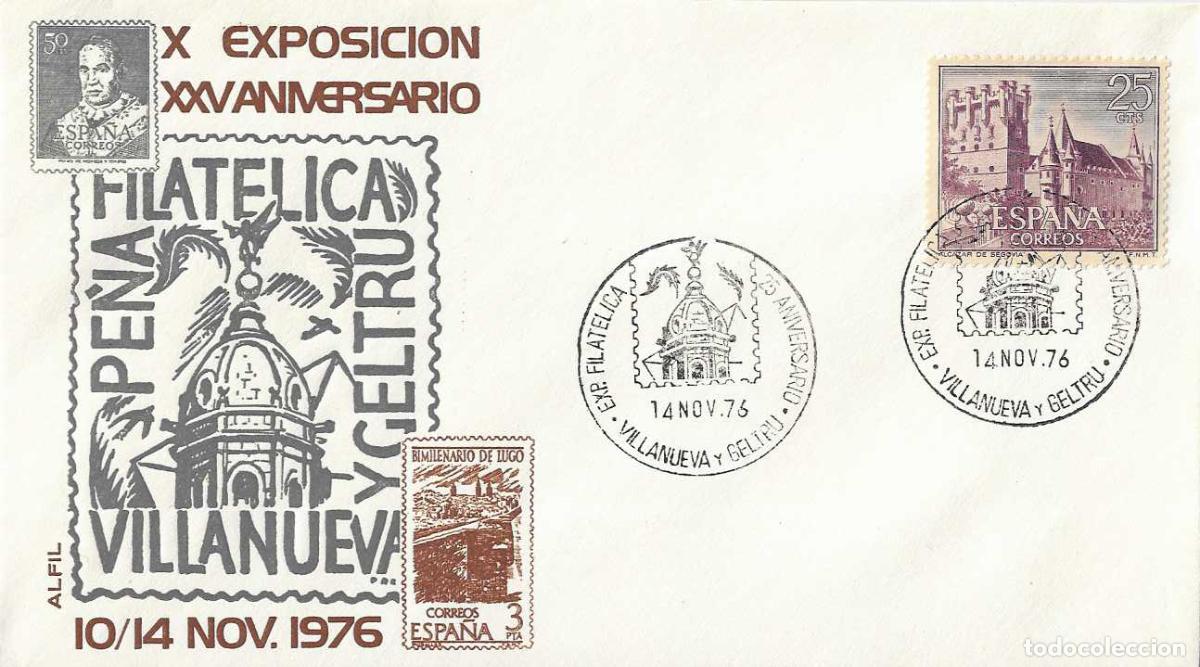 Sellos: IGLESIA SAN ANTONIO ABAD X EXPOSICION 25 ANIV, VILLANUEVA Y GELTRU 1976 MATASELLOS EN SOBRE DE ALFIL