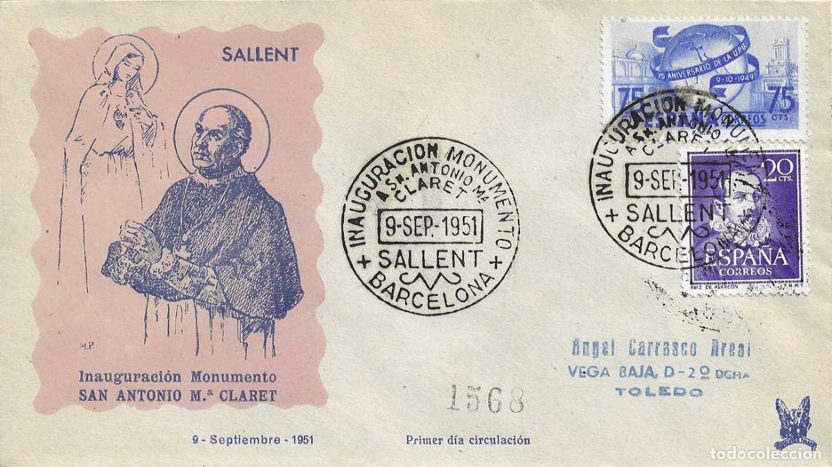 Sellos: RELIGION SAN ANTONIO MARIA CLARET MONUMENTO, SALLENT (BARCELONA) 1951. MATASELLOS SOBRE CIRCULADO ET