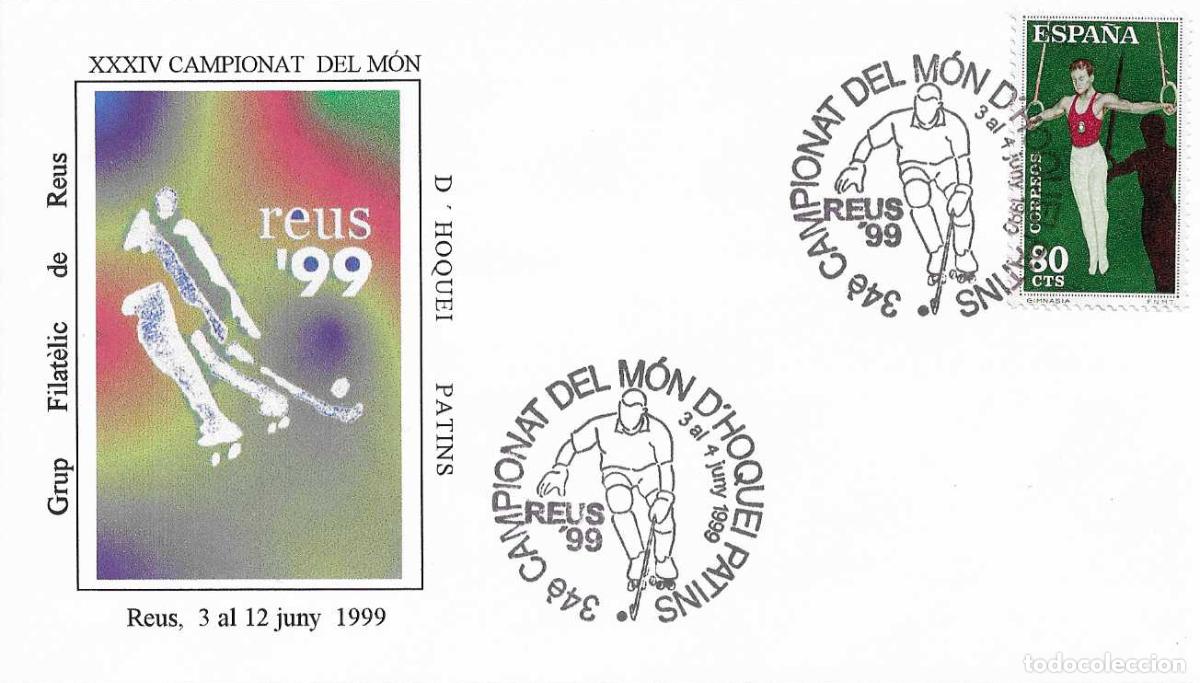 Sellos: HOCKEY PATINES CAMPEONATO DEL MUNDO, REUS (TARRAGONA) 1999. RARO MATASELLOS EN SOBRE ILUSTRADO