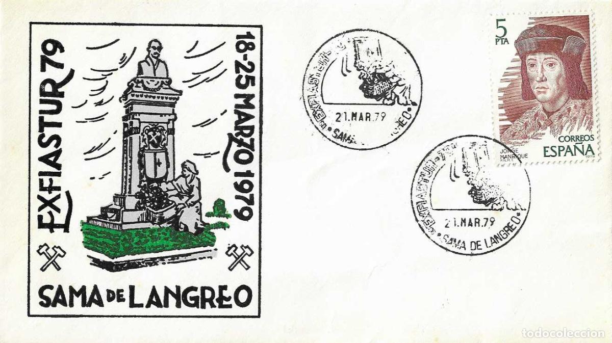 Timbres: MINERIA MONUMENTO A LUIS ADARO EXFIASTUR-79, SAMA DE LANGREO ASTURIAS 21 MARZO 1979 MATASELLOS SOBRE