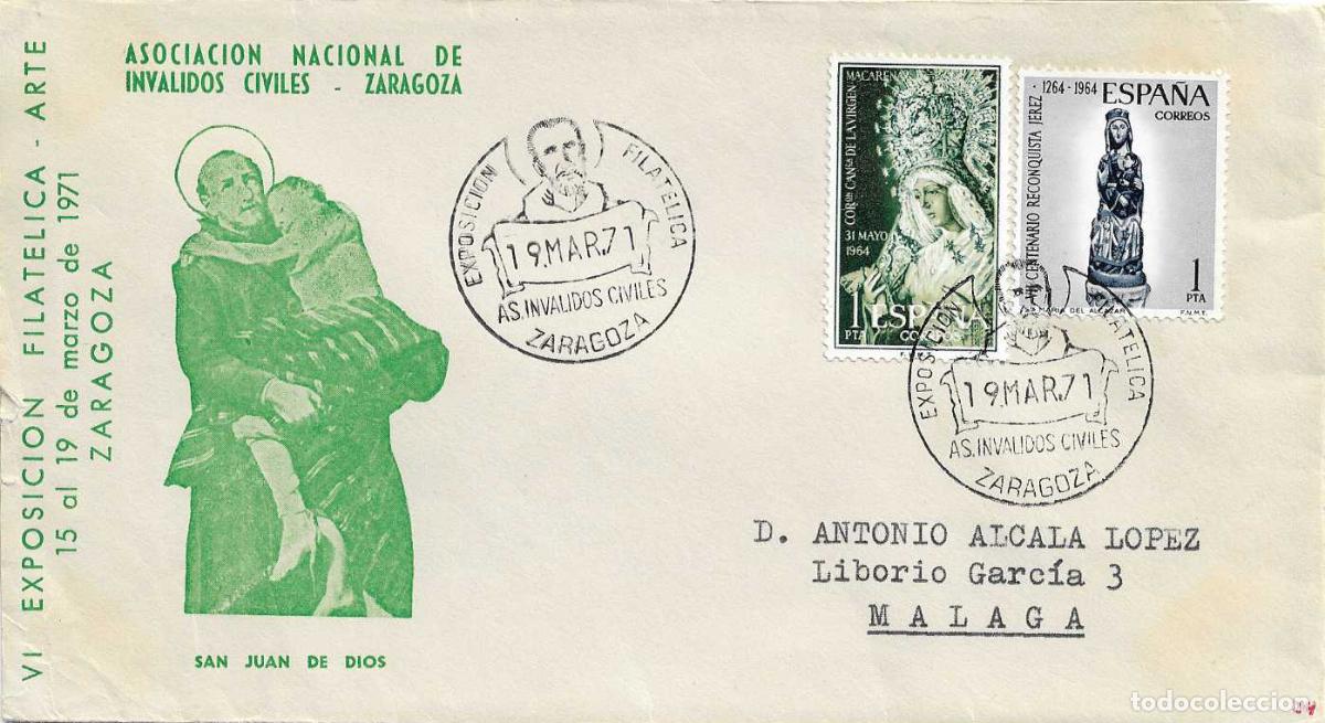 Sellos: SAN JUAN DE DIOS INVALIDOS CIVILES, ZARAGOZA 19 MARZO 1971. MATASELLOS EN SOBRE ILUSTRADO RARO ASI