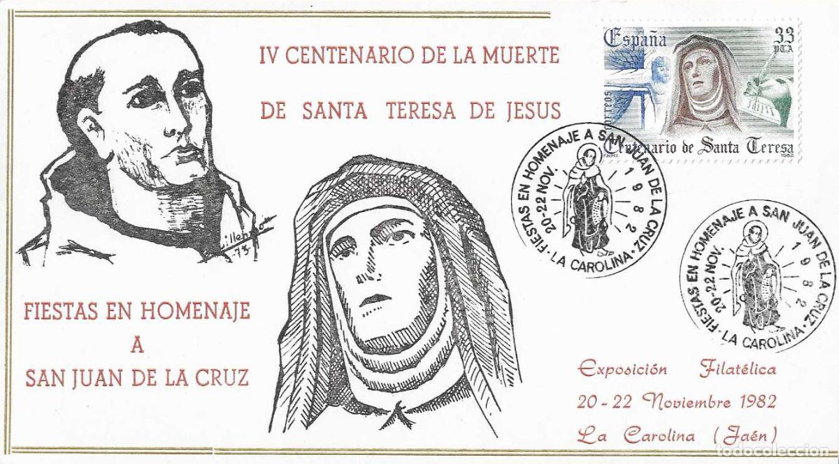 Sellos: SAN JUAN DE LA CRUZ FIESTAS HOMENAJE, LA CAROLINA (JAEN) 1982. MATASELLOS EN TARJETA ILUSTRADA RARO