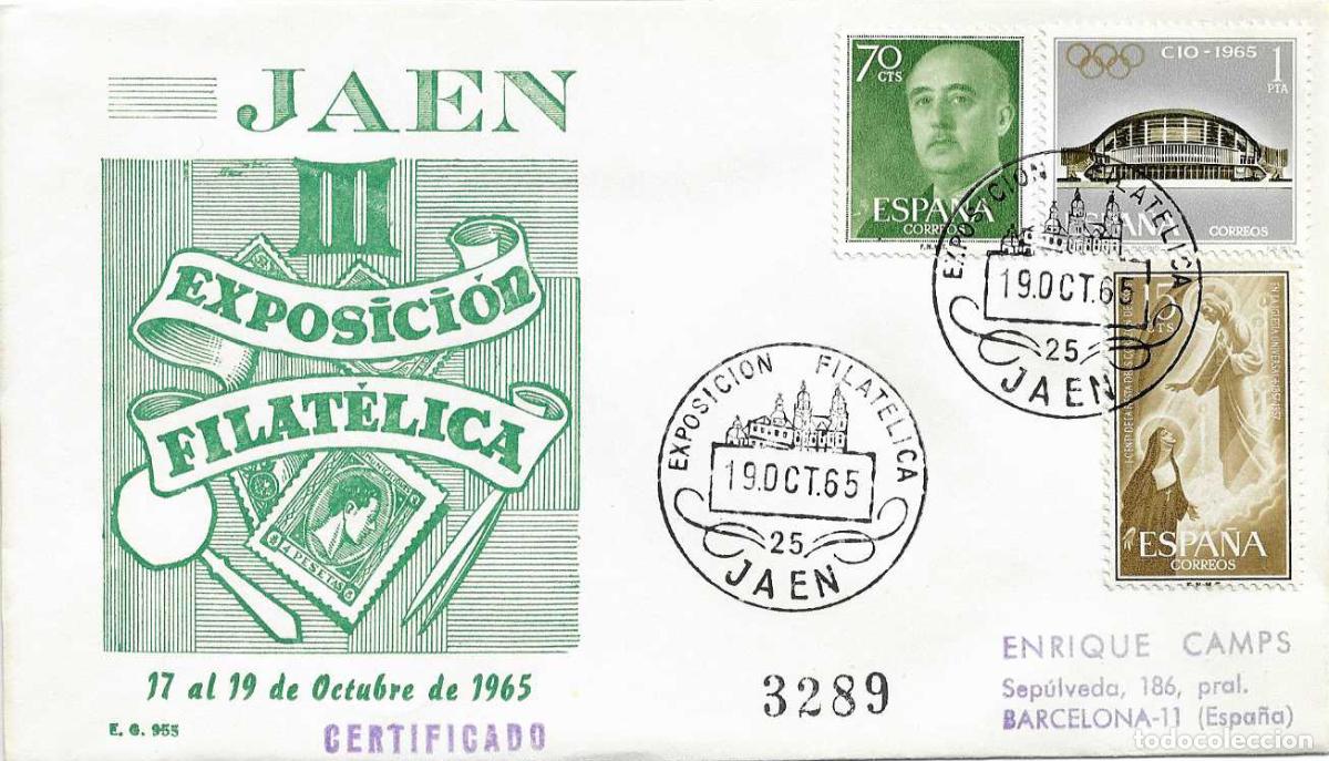 Sellos: III EXPOSICION FILATELICA PROVINCIAL, JAEN 19 OCTUBRE 1965. MATASELLOS SOBRE CIRCULADO EG RARO ASI
