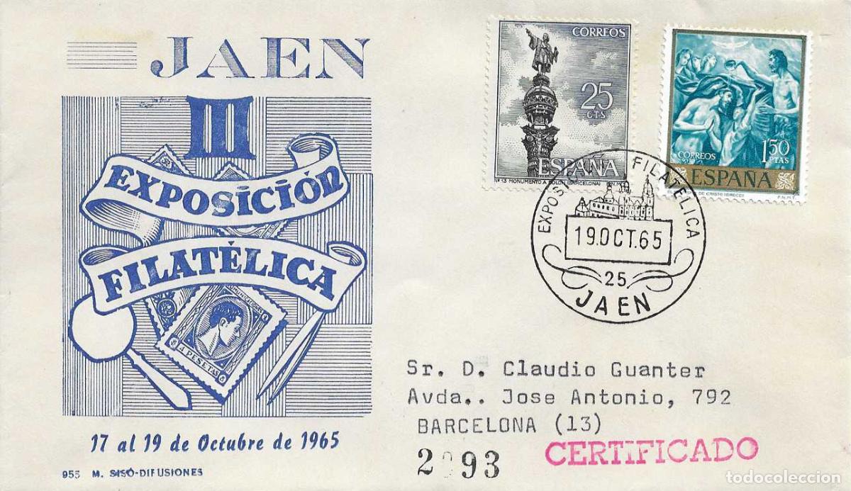 Sellos: III EXPOSICION FILATELICA PROVINCIAL, JAEN 19 OCTUBRE 1965. MATASELLOS SOBRE CIRCULADO MS RARO RWR