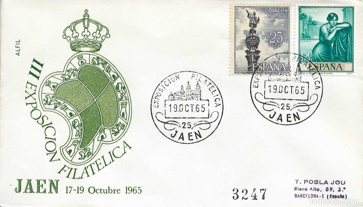 Sellos: III EXPOSICION FILATELICA PROVINCIAL, JAEN 19 OCTUBRE 1965. MATASELLOS EN SOBRE CIRCULADO ALFIL RWR