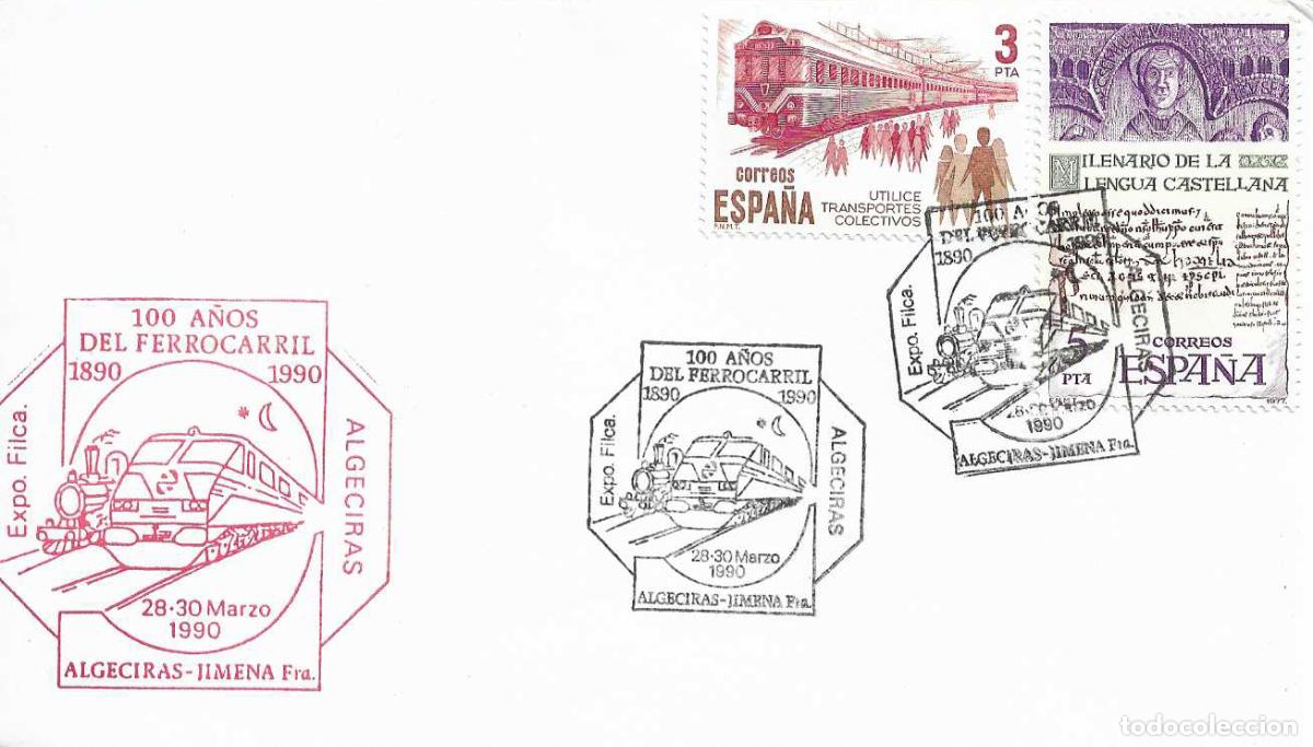 Sellos: TRENES 100 A&Ntilde;OS FERROCARRIL JIMENA DE LA FRONTERA, ALGECIRAS CADIZ 1990. MATASELLOS RARO SOBRE ILUST