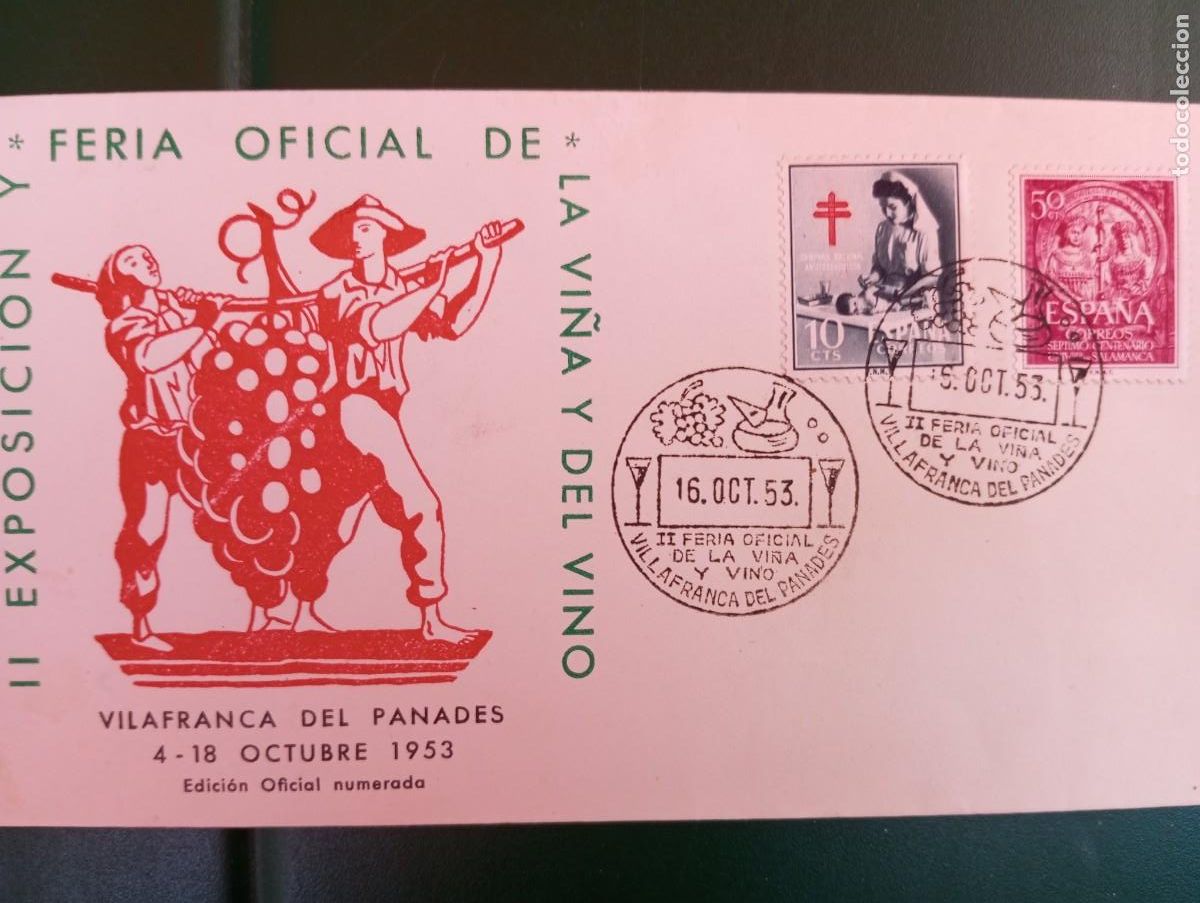 Sellos: ESPA&Ntilde;A 1953, FERIA OFICIAL DE LA VI&Ntilde;A Y EL VINO DE VILLAFRANCA DEL PANADES