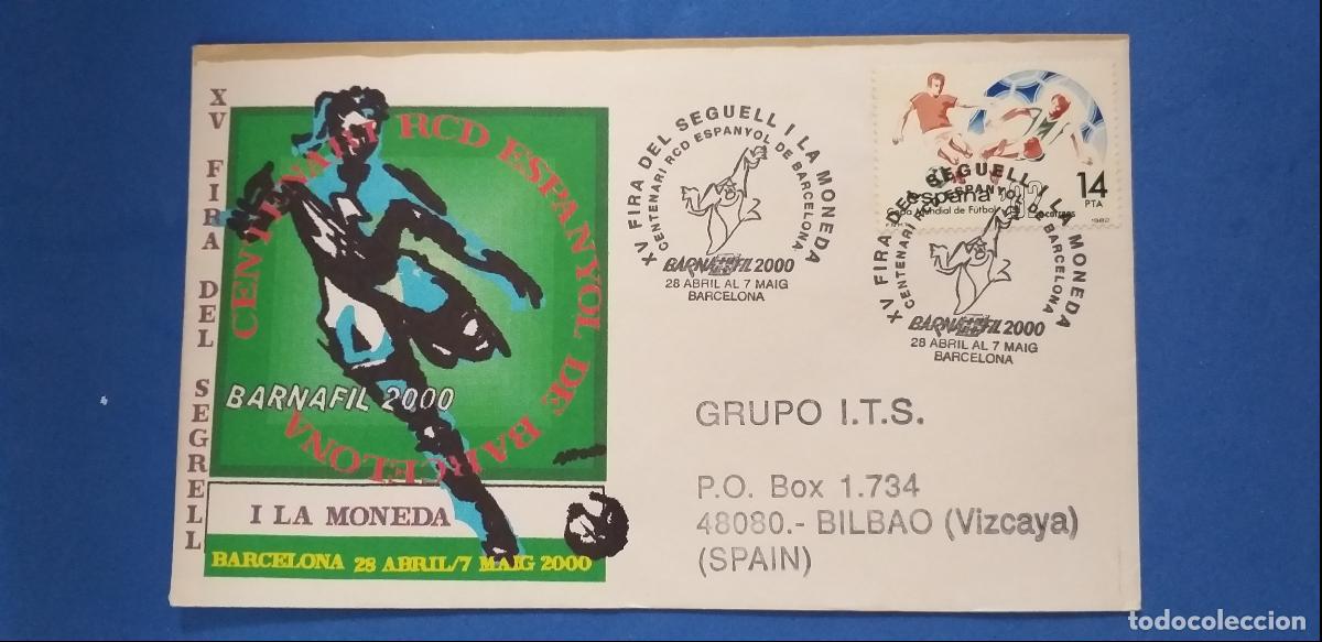 Sellos: SOBRE ILUSTRADO. Centenario del RCD Espanyol de Barcelona. Barnafil 2000. Matasellos y sellos
