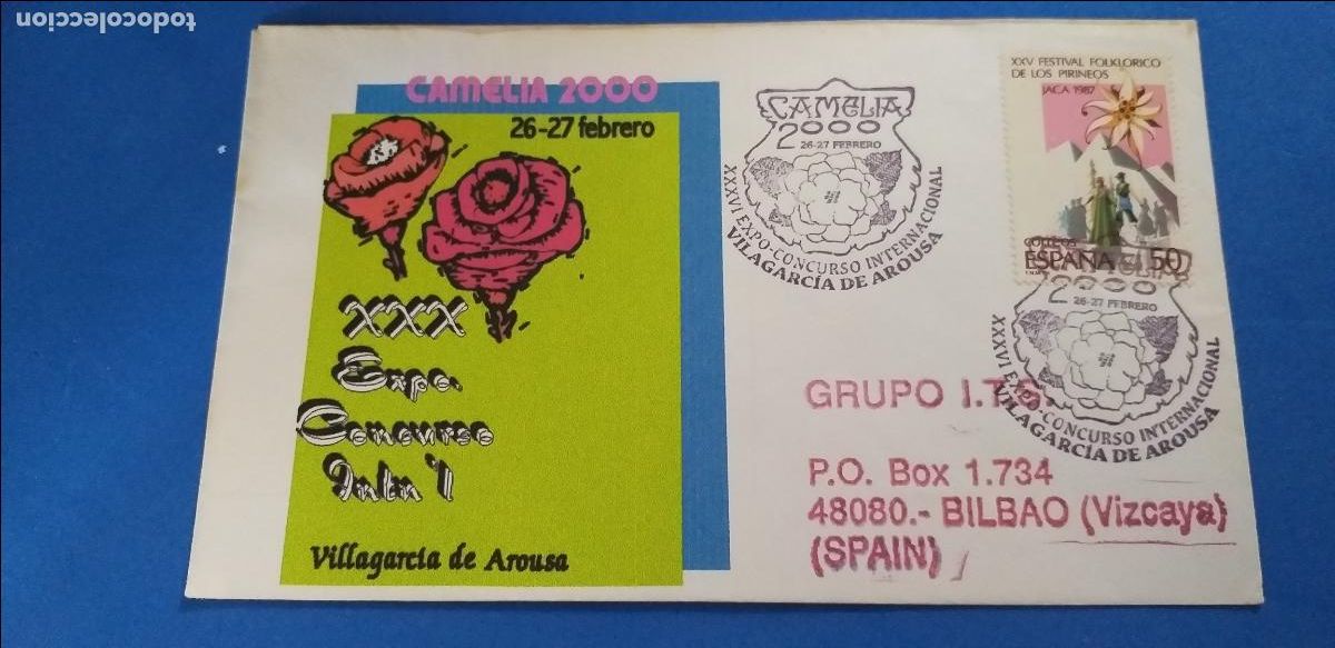 Sellos: SOBRE filat&eacute;lico. XXX EXPO-CONCURSO INTERNACIONAL. CAMELIA. 2000. VILLAGARCIA DE AROUSA.