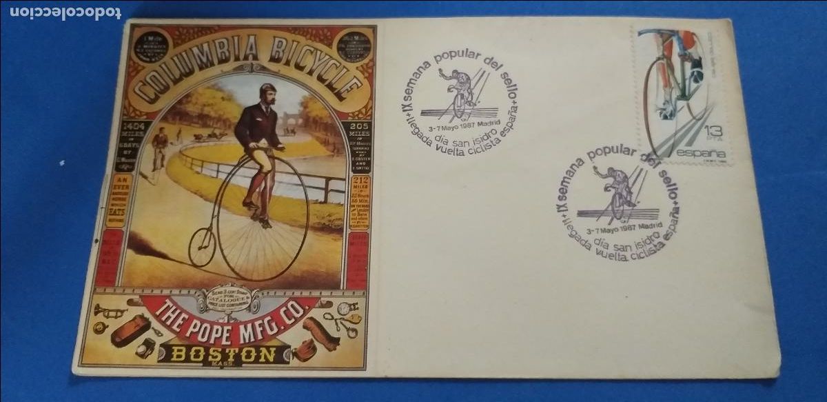Sellos: SOBRE CON MATASELLOS. IX SEMANA POPULAR SELLO. MAYO 1987. MADRID VUELTA CICLISTA ESPA&Ntilde;A. San Isidro