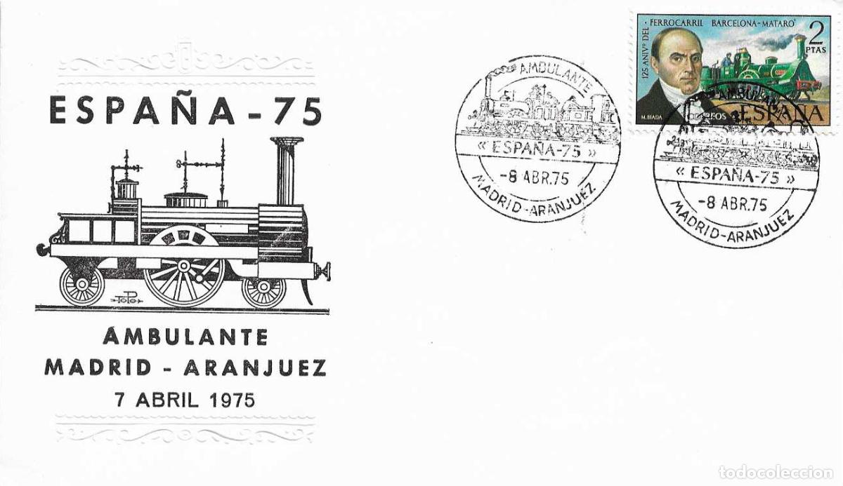 Sellos: TRENES AMBULANTE MADRID-ARANJUEZ 1975 EN ESPA&Ntilde;A-75. MATASELLOS FERROCARRIL EN SOBRE DE TOPO RARO ASI