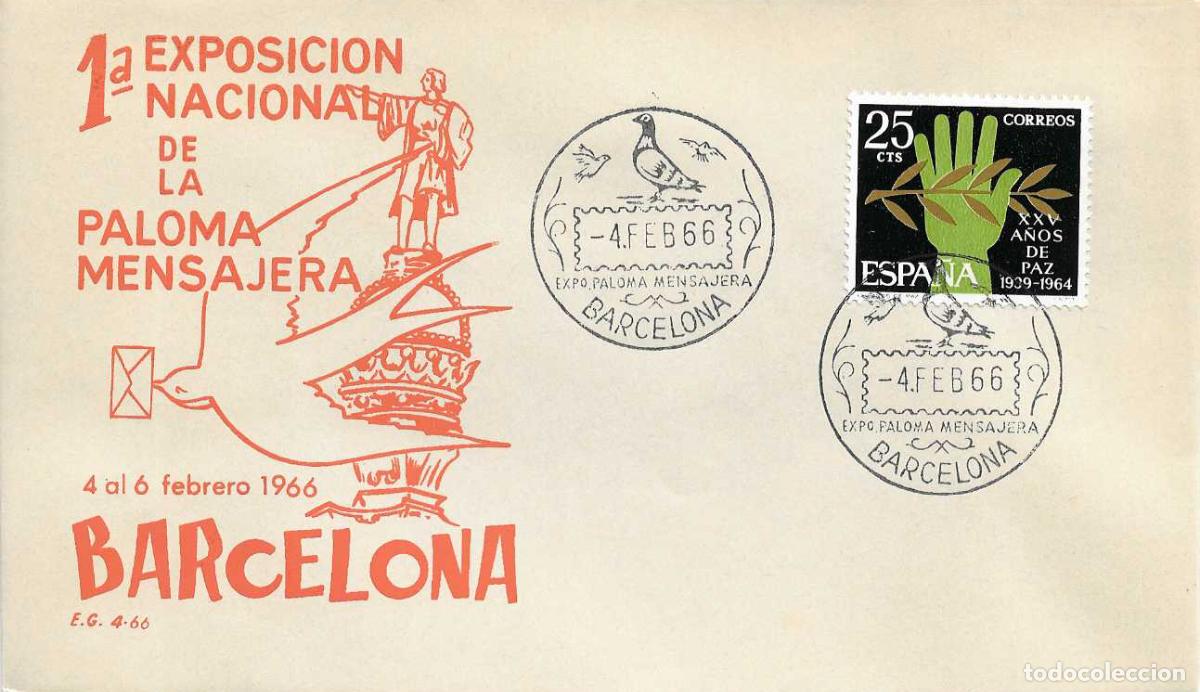 Sellos: PALOMA MENSAJERA EXPOSICION NACIONAL, BARCELONA 4 FEBRERO 1966 MATASELLOS SOBRE SIN CIRCULAR EG RARO