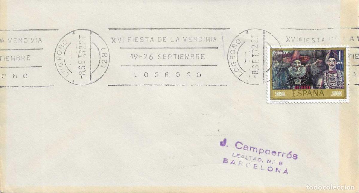 Sellos: VINO XVI FIESTA DE LA VENDIMIA 19-26 SEPTIEMBRE, LOGRO&Ntilde;O 1972. RARO MATASELLOS DE RODILLO EN SOBRE