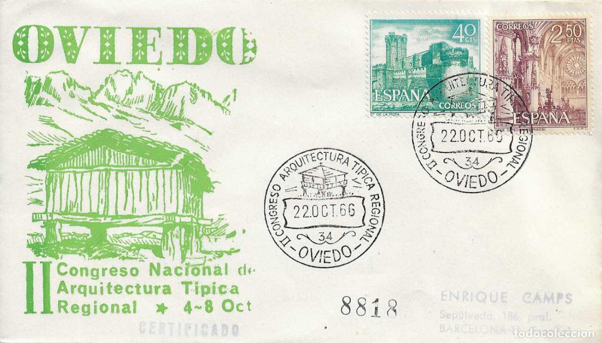Sellos: HORREO ARQUITECTURA TIPICA REGIONAL II CONGRESO, OVIEDO (ASTURIAS) 1966. MATASELLOS EN RARO SOBRE