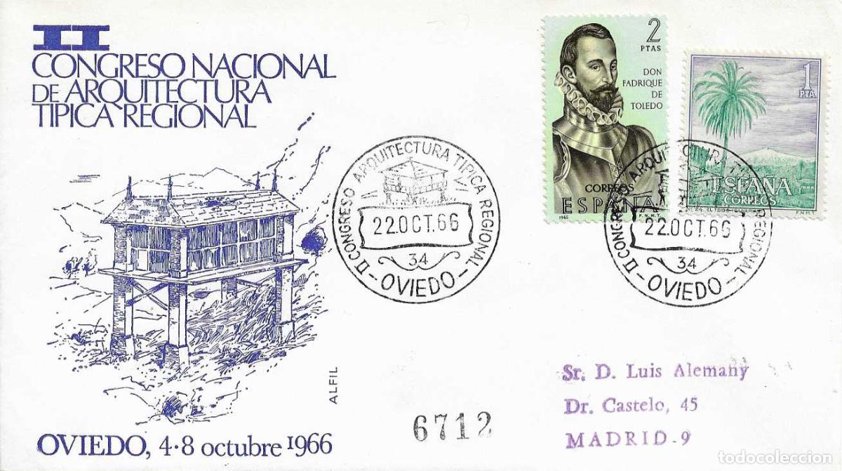 Sellos: HORREO ARQUITECTURA TIPICA REGIONAL CONGRESO, OVIEDO ASTURIAS 1966. MATASELLOS SOBRE CIRCULADO ALFIL