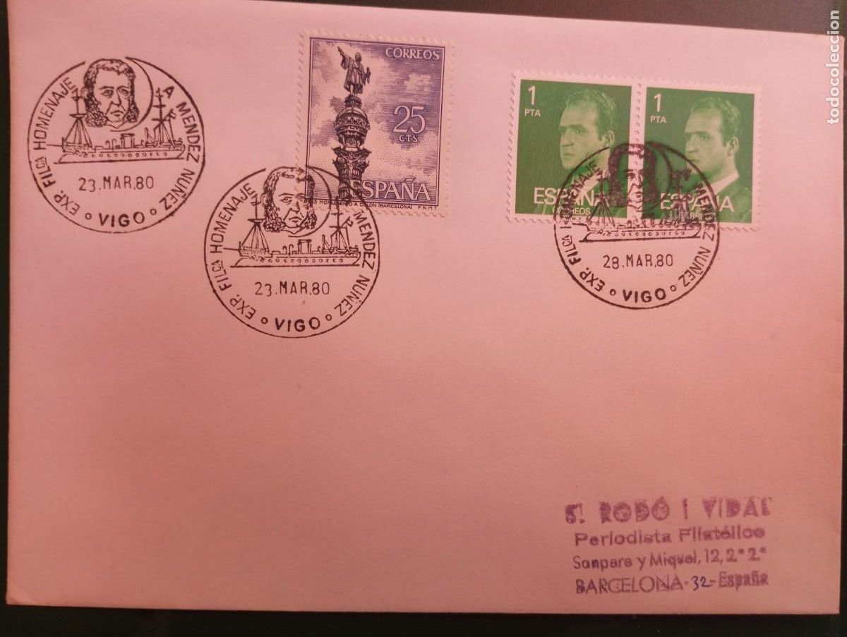 Sellos: ESPA&Ntilde;A, 1980, EXPOSICI&Oacute;N FILATELICA DE VIGI, HOMENAJE A MENDEZ NU&Ntilde;EZ
