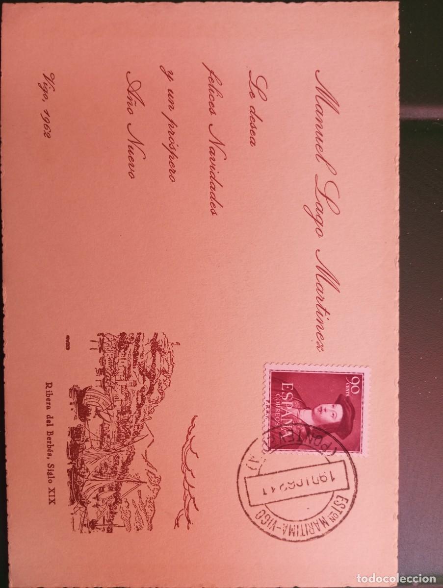 Sellos: ESPA&Ntilde;A, 1962, TARJETA FELICITACI&Oacute;N, MATASELLOS ESTACI&Oacute;N MAR&Iacute;TIMA DE VIGO
