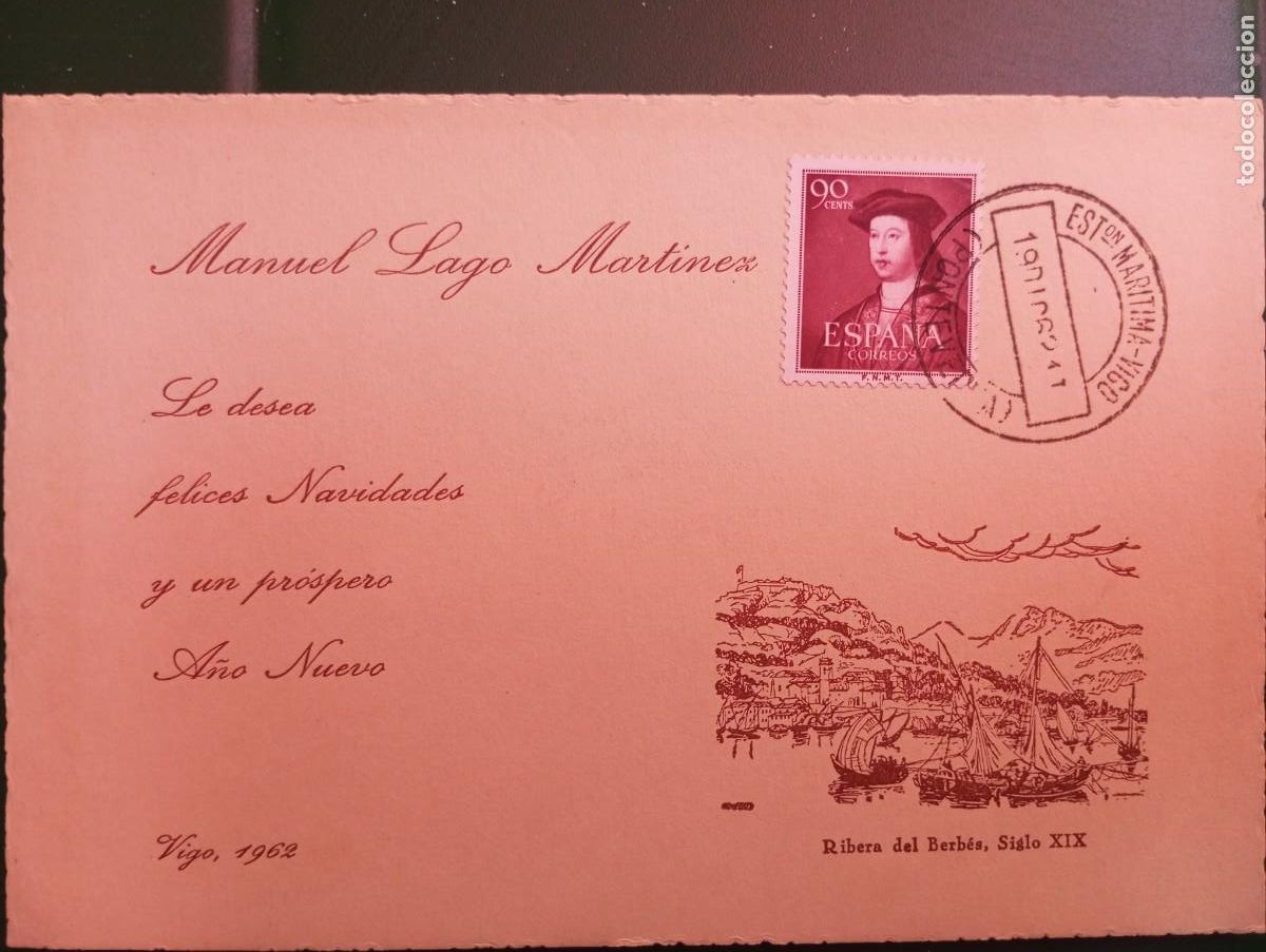 Sellos: ESPA&Ntilde;A, 1962, TARJETA FELICITACI&Oacute;N, MATASELLOS ESTACI&Oacute;N MAR&Iacute;TIMA DE VIGO