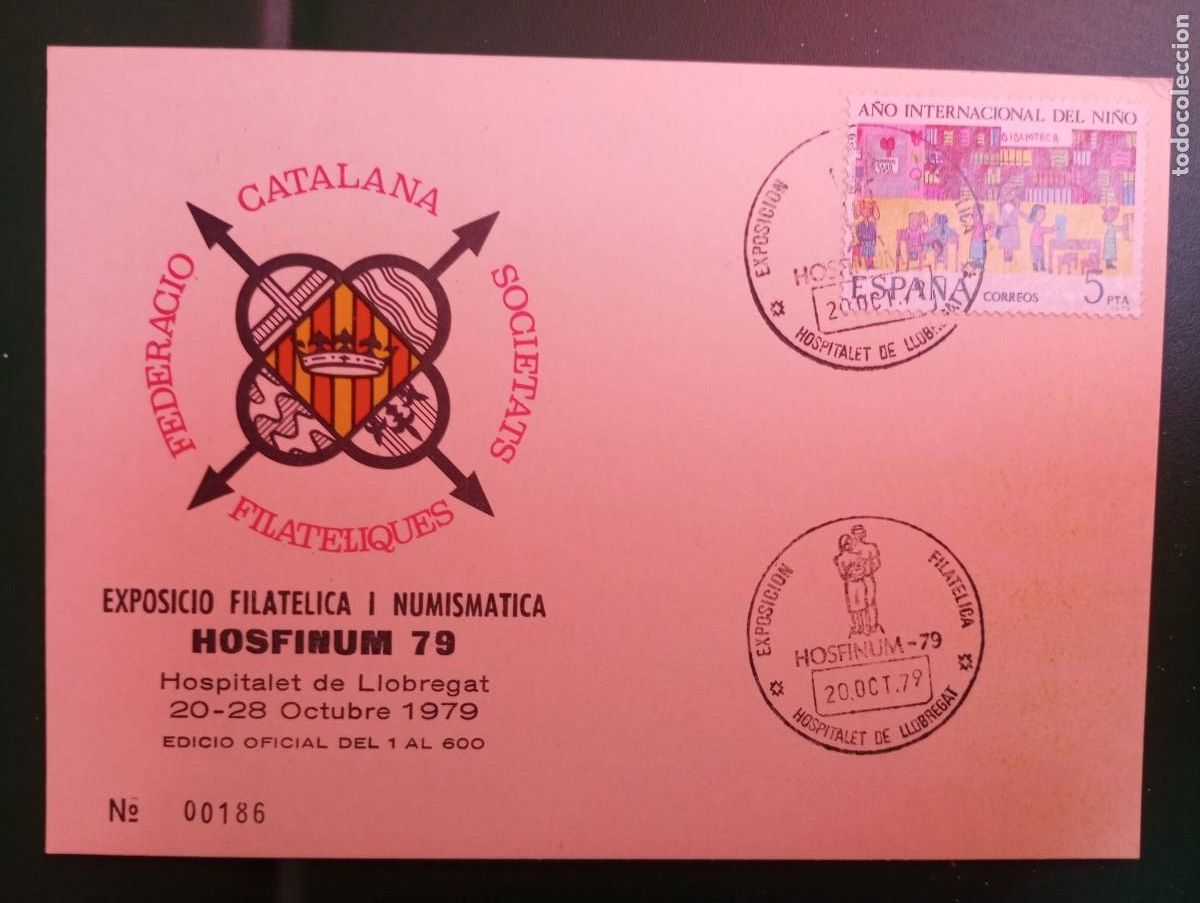 Sellos: ESPA&Ntilde;A 879, EXPOSICI&Oacute;N FILAT&Eacute;LICA Y NUMISM&Aacute;TICA DE HOSPITALET HOSFINUN