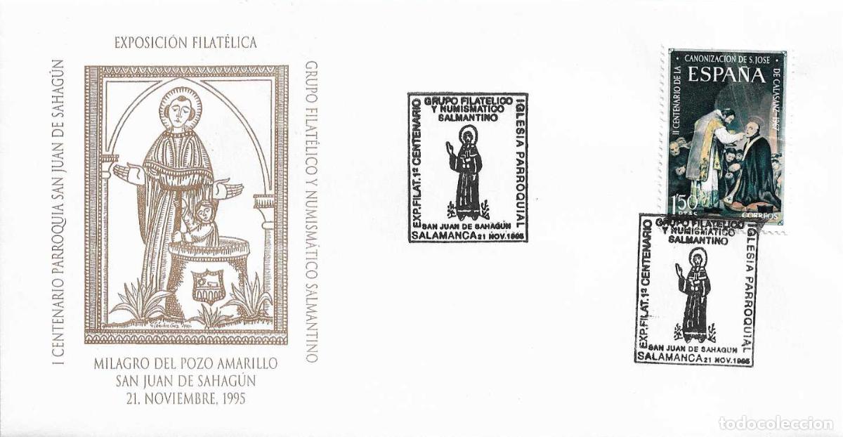 Sellos: IGLESIA PARROQUIAL SAN JUAN DE SAHAGUN CENTENARIO, SALAMANCA 1995. MATASELLOS SOBRE MOD 2 RARO ASI