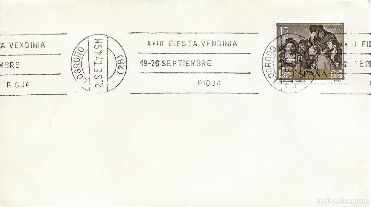 Sellos: VINO XVIII FIESTA DE LA VENDIMIA 19-26 SEPTIEMBRE, LOGRO&Ntilde;O 1974. RARO MATASELLOS DE RODILLO EN SOBRE