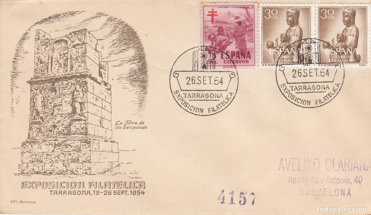 Sellos: MATASELLOS TARRAGONA - EXPOSICI&Oacute;N FILAT&Eacute;LICA - 1954 EN SOBRE TORRE DELS ESCIPIONS