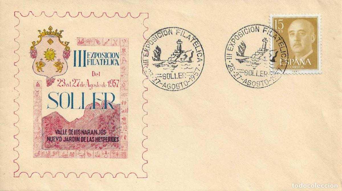 Sellos: III EXPOSICION FILATELICA, SOLLER (BALEARES) 1957. MATASELLOS RARO SOBRE SIN CIRCULAR VALLE NARANJOS