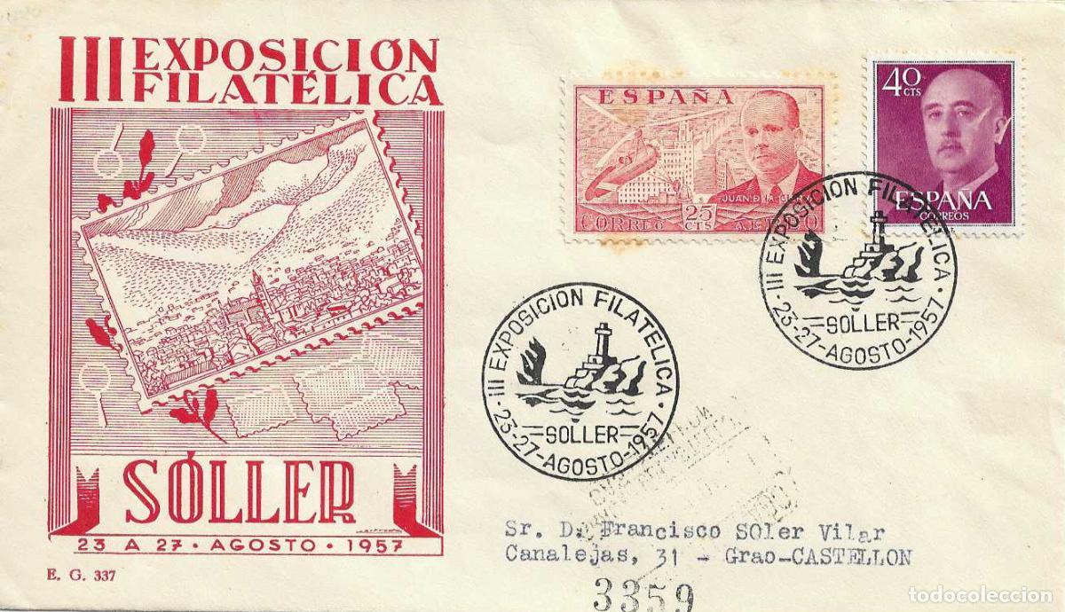 Sellos: III EXPOSICION FILATELICA, SOLLER (BALEARES) 1957. MATASELLOS EN SOBRE CIRCULADO DE EG RARO ASI