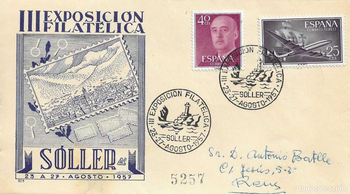 Sellos: III EXPOSICION FILATELICA, SOLLER (BALEARES) 1957 MATASELLOS SOBRE DP CIRCULADO A REUS TARRAGONA RWR