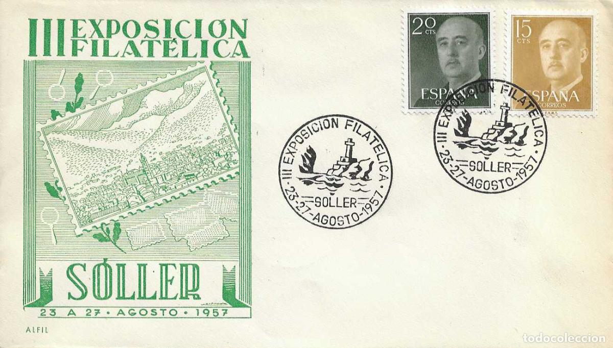 Sellos: III EXPOSICION FILATELICA, SOLLER (BALEARES) 1957 MATASELLOS EN SOBRE SIN CIRCULAR DE ALFIL RARO ASI