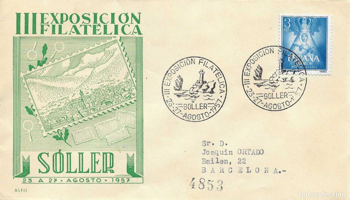 Sellos: III EXPOSICION, SOLLER (BALEARES) 1957 MATASELLOS SOBRE CIRCULADO ALFIL VIRGEN GUADALUPE EDIFIL 1141