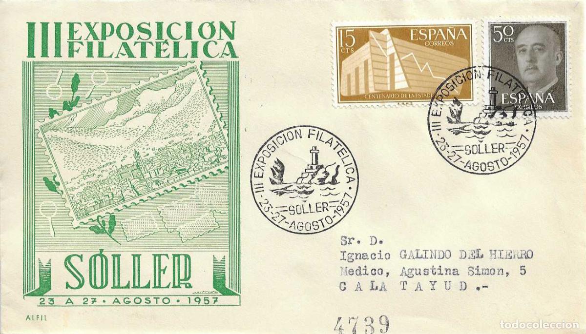 Sellos: III EXPOSICION FILATELICA, SOLLER (BALEARES) 1957. MATASELLOS EN SOBRE CIRCULADO DE ALFIL RWR