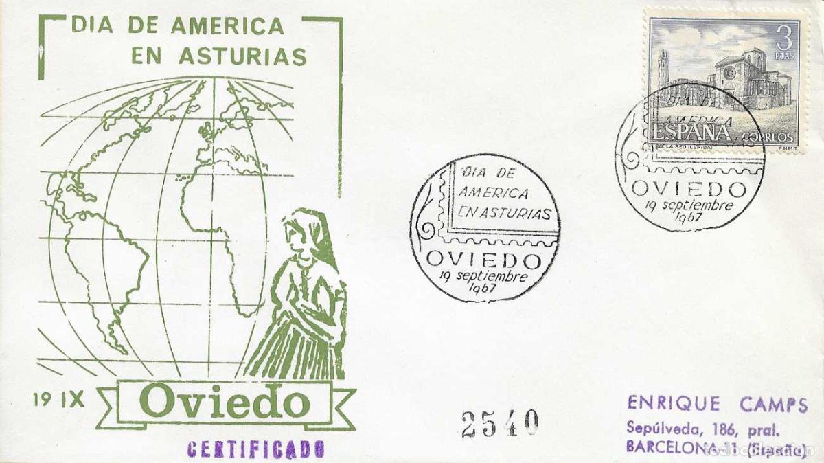 Sellos: DIA DE AMERICA EN ASTURIAS, OVIEDO (ASTURIAS) 1967. MATASELLOS EN SOBRE CIRCULADO EG MUY RARO ASI
