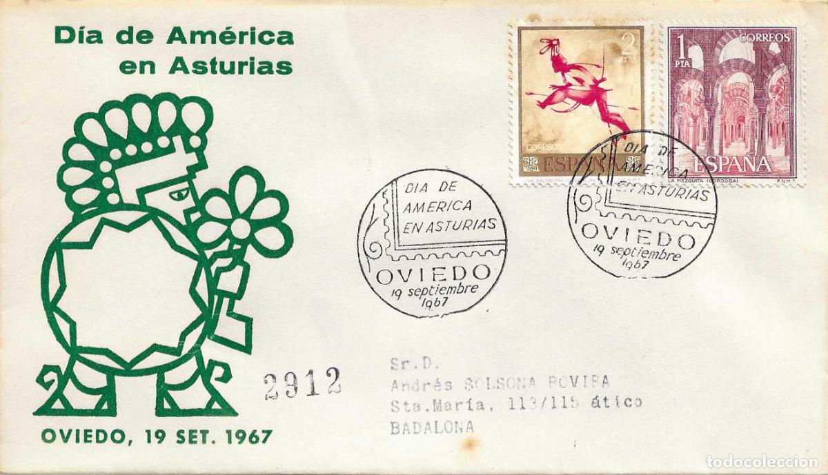 Sellos: DIA DE AMERICA EN ASTURIAS, OVIEDO 1967. MATASELLOS EN SOBRE CIRCULADO DE ALFIL BONITO Y RARO ASI