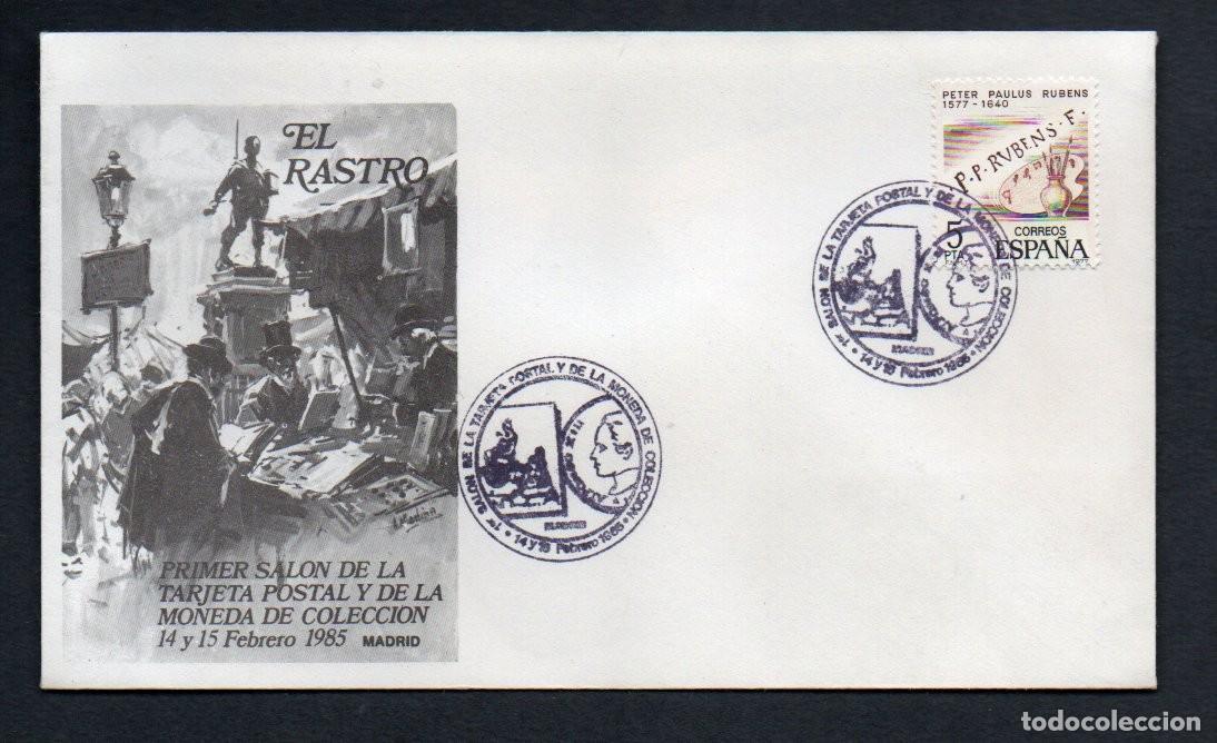 Sellos: SOBRE PRIMER DIA, PRIMER SALON DE LA TARJETA POSTAL Y DE MONEDA DE COLECCION. EL RASTRO 1985, 5 PTA.