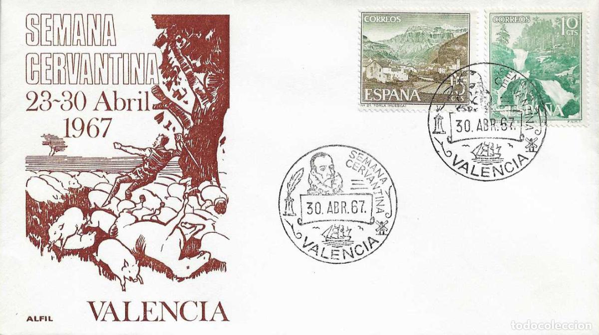 Sellos: DON QUIJOTE CERVANTES SEMANA CERVANTINA, VALENCIA 30 ABRIL 1967. MATASELLOS SOBRE SIN CIRCULAR ALFIL