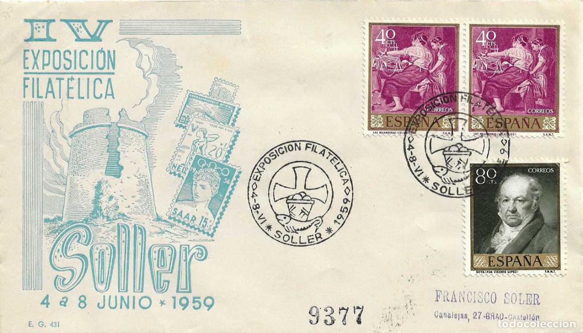 Sellos: IV EXPOSICION FILATELICA, SOLLER (BALEARES) 1959. MATASELLOS EN SOBRE CIRCULADO DE EG RARO ASI