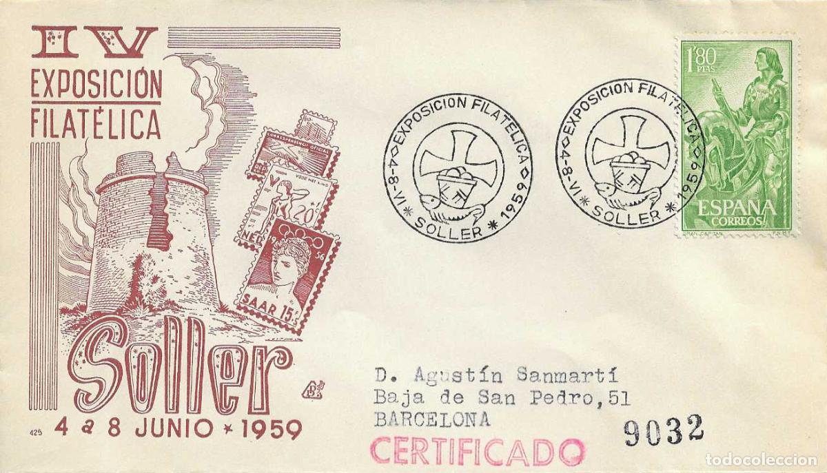 Sellos: IV EXPOSICION FILATELICA, SOLLER (BALEARES) 1959. MATASELLOS EN SOBRE CIRCULADO DE DP RARO ASI RWR