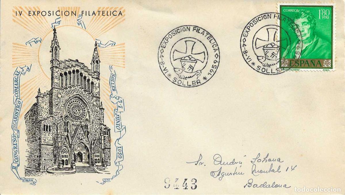 Sellos: IV EXPOSICION FILATELICA, SOLLER (BALEARES) 1959. MATASELLOS EN SOBRE CIRCULADO ALFIL RARO ASI RWR
