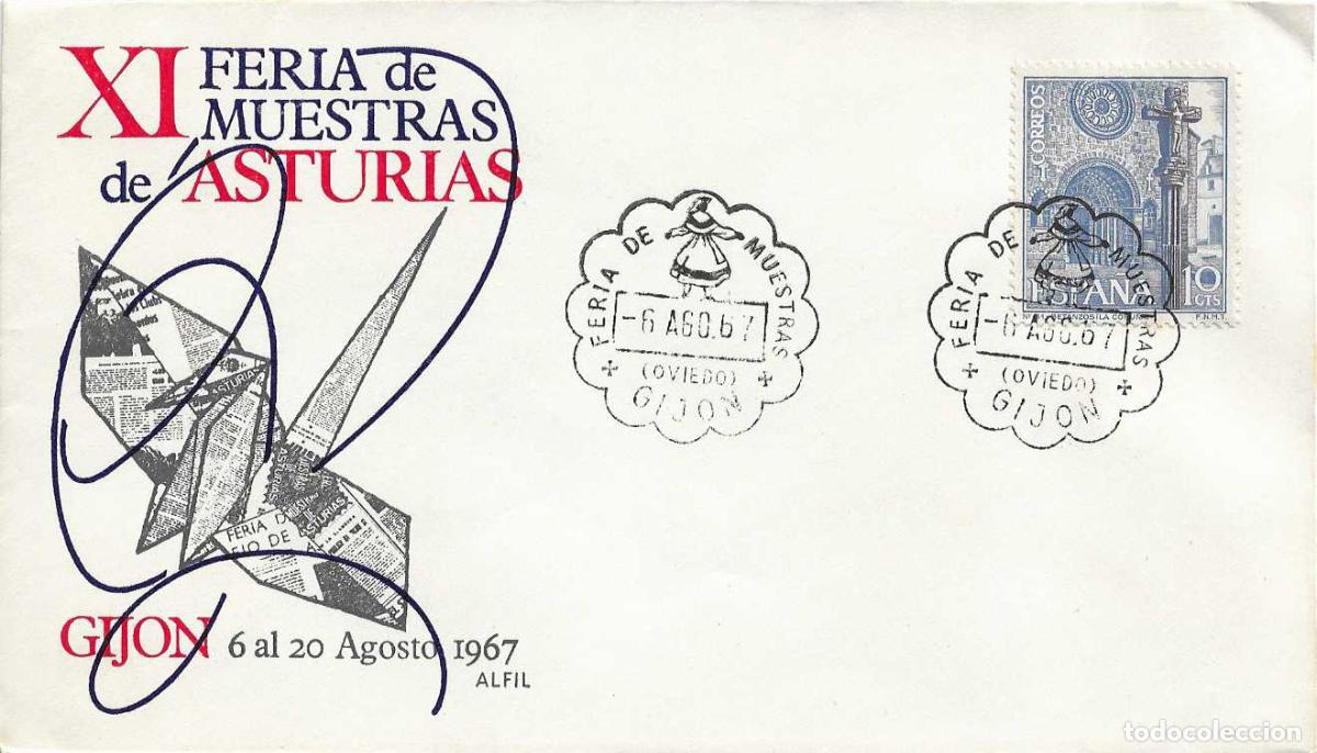Sellos: XI FERIA MUESTRAS DE ASTURIAS, GIJON 6 AGOSTO 1967. RARO MATASELLOS EN SOBRE ALFIL PAPIROFLEXIA