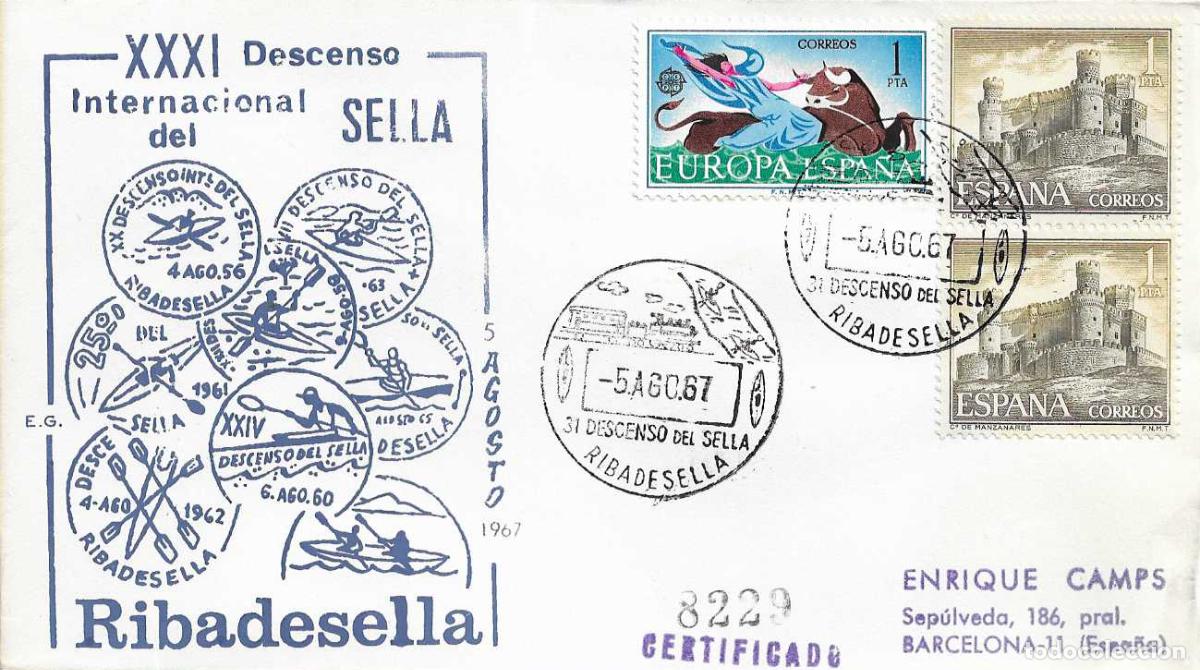 Sellos: DEPORTES 31 XXXI DESCENSO INT SELLA, RIBADESELLA (ASTURIAS) 1967. MATASELLOS SOBRE CIRCULADO EG RARO