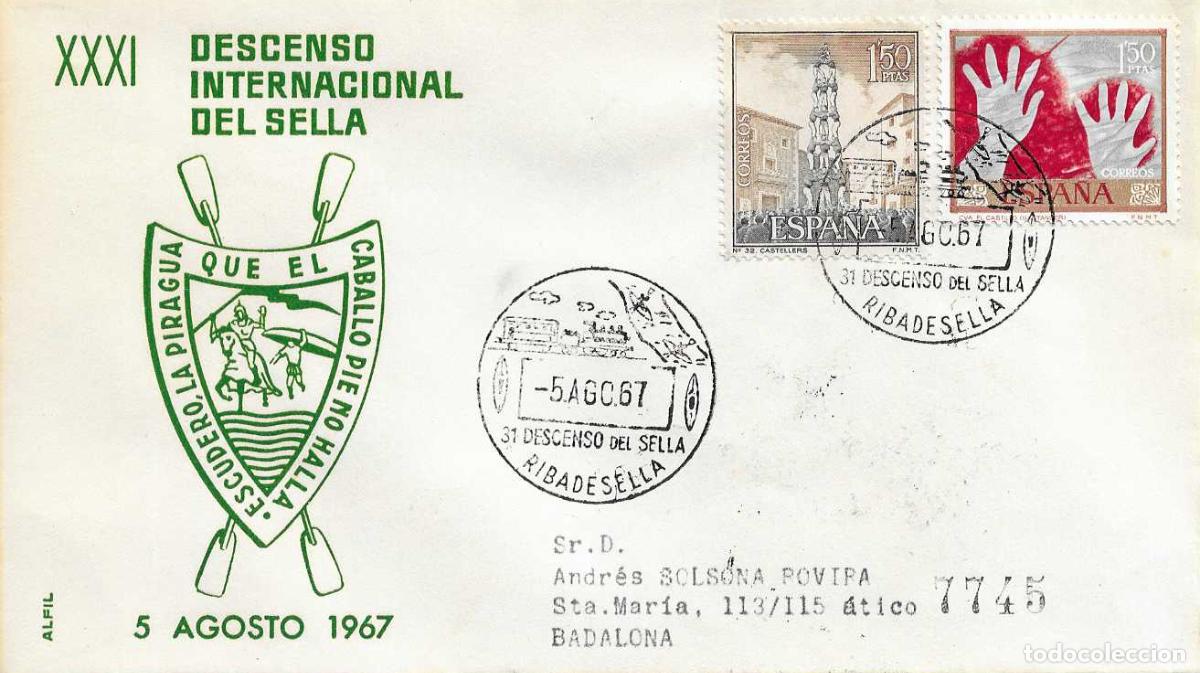 Sellos: DEPORTES 31 XXXI DESCENSO INT SELLA, RIBADESELLA (ASTURIAS) 1967 MATASELLOS EN SOBRE CIRCULADO ALFIL