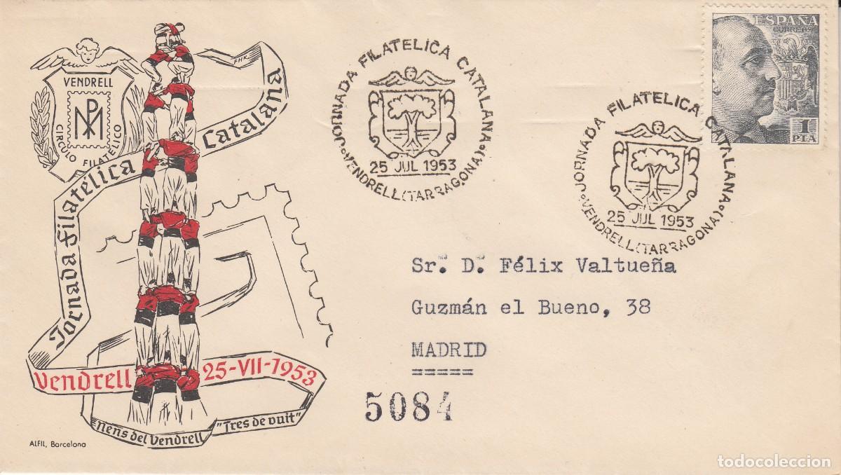 Sellos: MATASELLOS - EL VENDRELL - JORNADA FILAT&Eacute;LICA CATALUNYA 1953 - EN SOBRE CIRCULADO - CASTELLERS