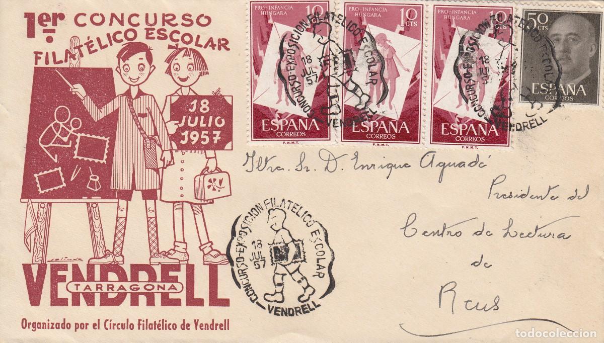Sellos: MATASELLOS - EL VENDRELL - EXPOSICI&Oacute;N FILAT&Eacute;LICA ESCOLAR -1957 - EN SOBRE CIRCULADO -VI&Ntilde;ETA AL DORS