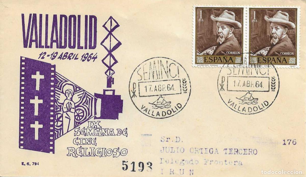 Sellos: SEMINCI IX SEMANA DE CINE RELIGIOSO, VALLADOLID 1964 MATASELLOS SOBRE CIRCULADO EG MUY RARO RELIGION